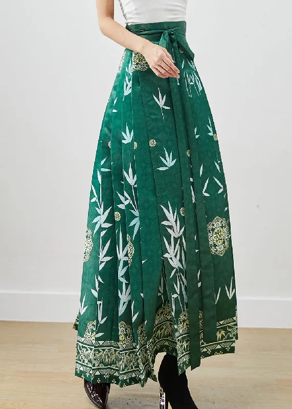 beautiful-green-bamboo-leaf-print-exra-large-hem-silk-pleated-skirts-fall