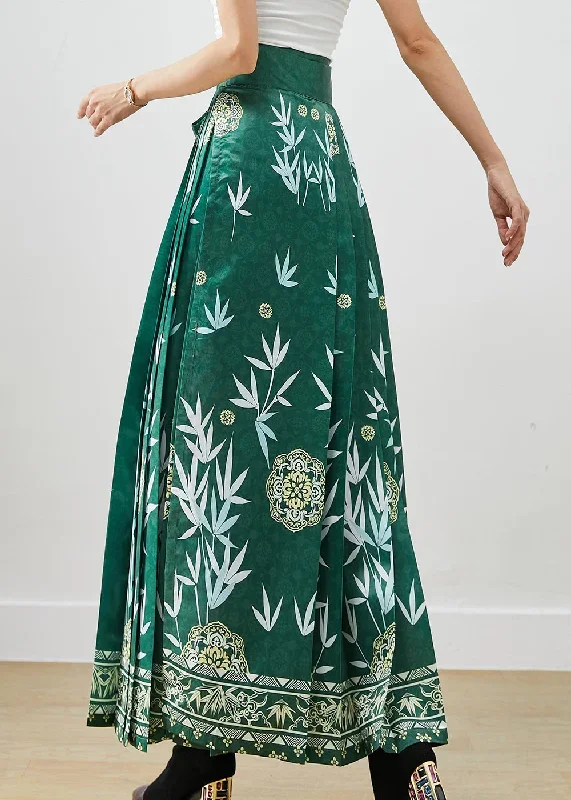 beautiful-green-bamboo-leaf-print-exra-large-hem-silk-pleated-skirts-fall