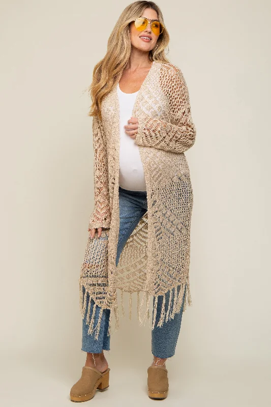 beige-crochet-fringe-hem-maternity-cardigan