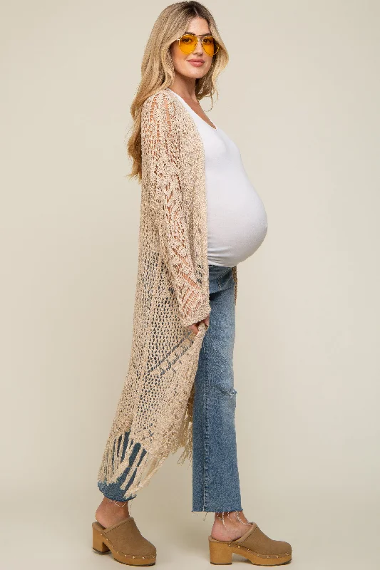 beige-crochet-fringe-hem-maternity-cardigan