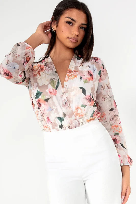 Bethan Coral Chiffon Floral Bodysuit