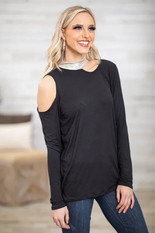 Black and Silver Mock Neck Top With Cutouts