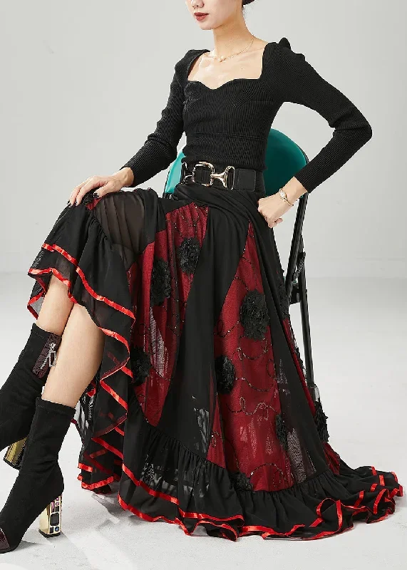 black-red-patchwork-chiffon-skirt-floral-exra-large-hem-fall