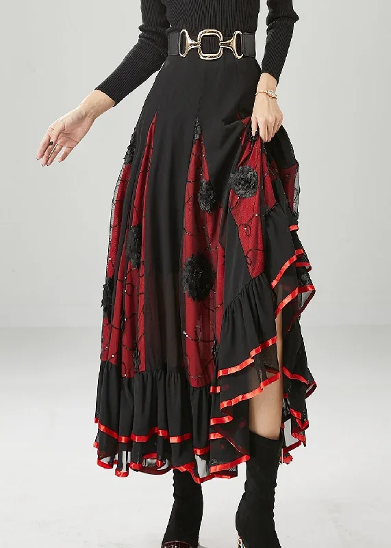 black-red-patchwork-chiffon-skirt-floral-exra-large-hem-fall