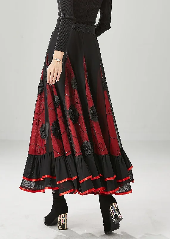 black-red-patchwork-chiffon-skirt-floral-exra-large-hem-fall