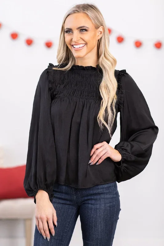 Black Smocked Yoke Balloon Sleeve