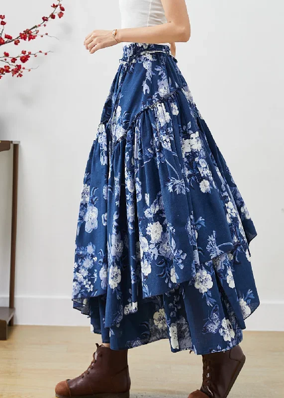 blue-floral-cotton-skirts-asymmetrical-exra-large-hem-fall