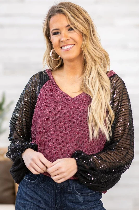 Burgundy and Black Sequin Sleeve Top