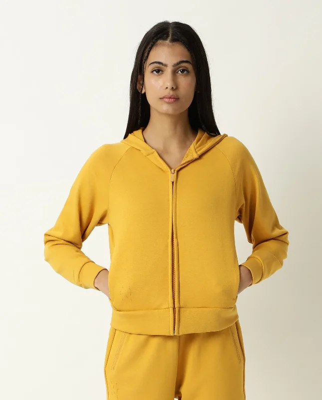 Rareism Women'S Capper Mustard Cotton Blend Fabric Full Sleeves Solid Hooded Jacket