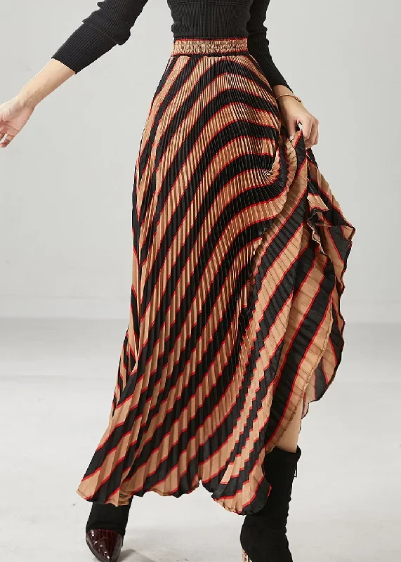 elegant-coffee-high-waist-striped-spandex-pleated-skirts-spring