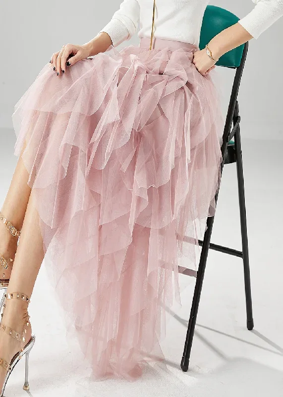 elegant-pink-high-waist-ruffles-tulle-skirt-summer