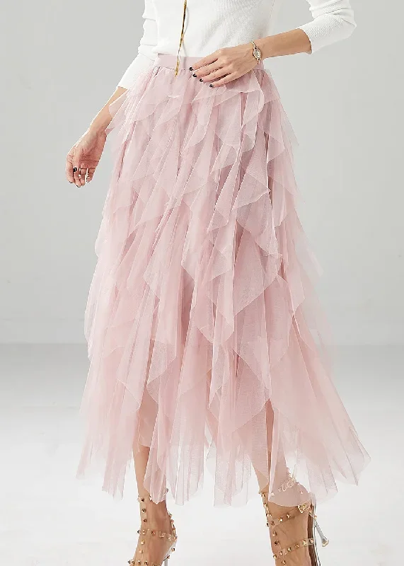 elegant-pink-high-waist-ruffles-tulle-skirt-summer