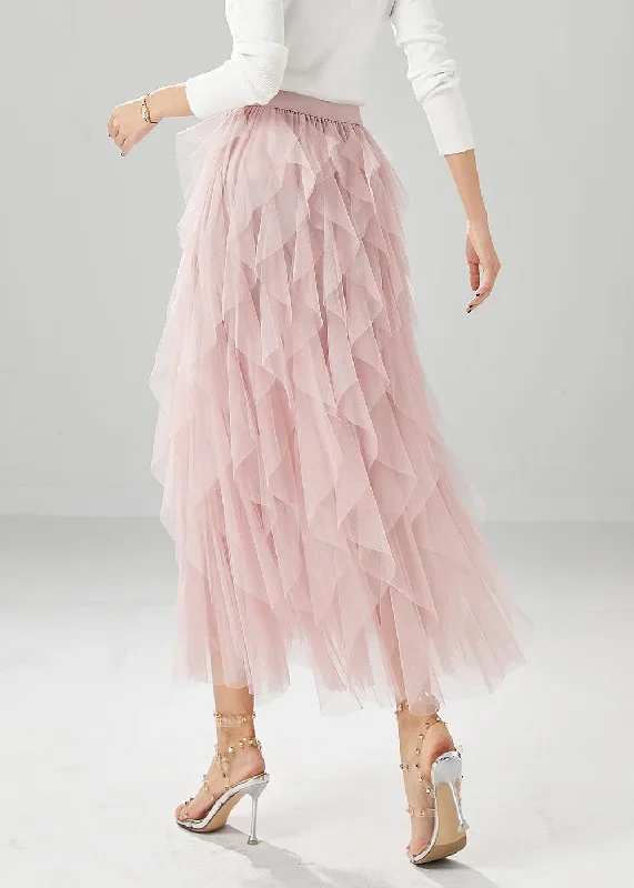 elegant-pink-high-waist-ruffles-tulle-skirt-summer