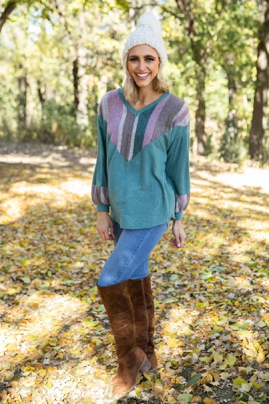 emerald-green-and-mauve-colorblock-chevron-top