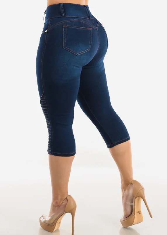 High Rise Butt Lifting Moto Dark Denim Capris