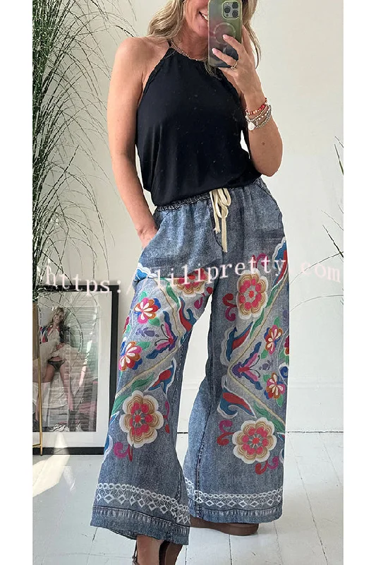 Lilipretty® Hippie Style Unique Floral Denim Print Elastic Waist Pocketed Wide Leg Pants