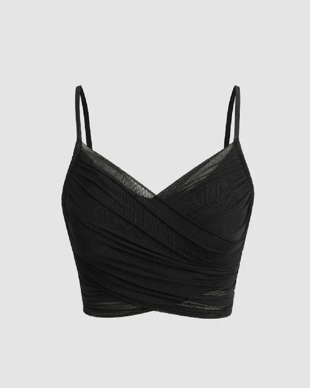 Mesh V-Neck Ruched Strappy Black Crop Top