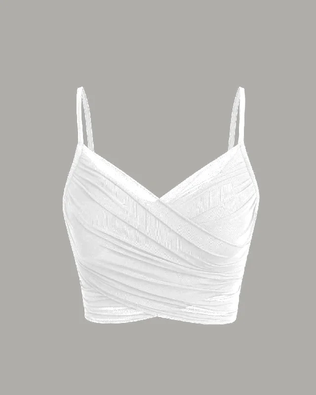 Mesh V-Neck Ruched Strappy White Crop Top