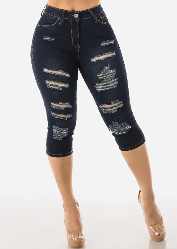 Mid Rise Dark Stretchy Ripped Denim Capris