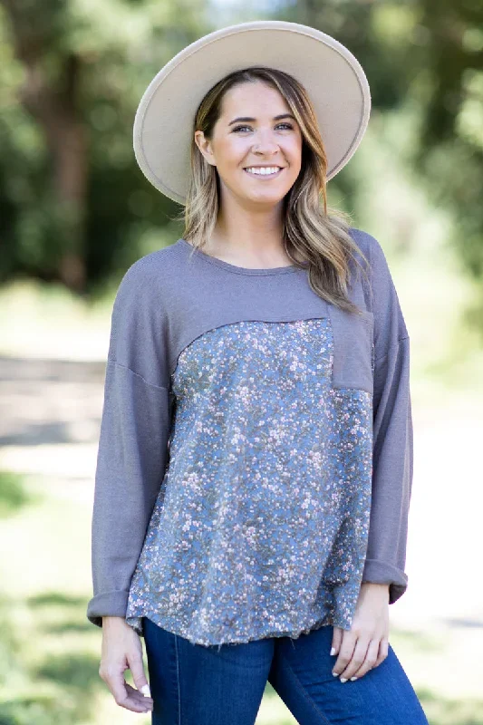 Mocha and Dusty Blue Floral Print Top