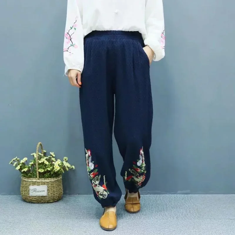 navy casual linen trousers plus size embroidery lantern pants