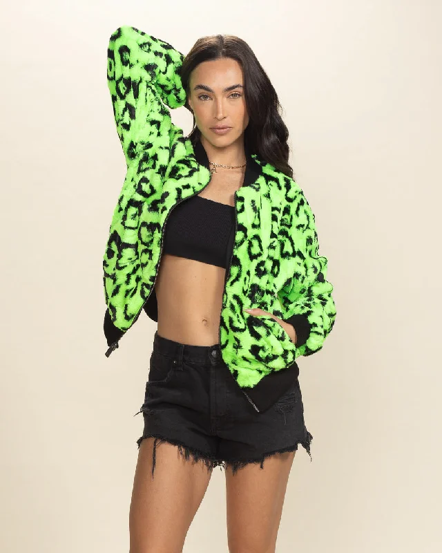 Neon Green Leopard Ultra Soft Faux Fur Bomber Jacket | Women's