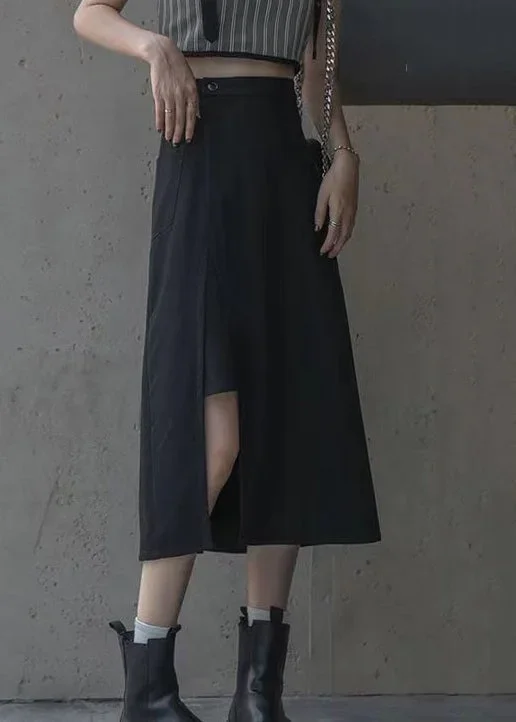 new-black-side-open-high-waist-patchwork-cotton-skirts-summer