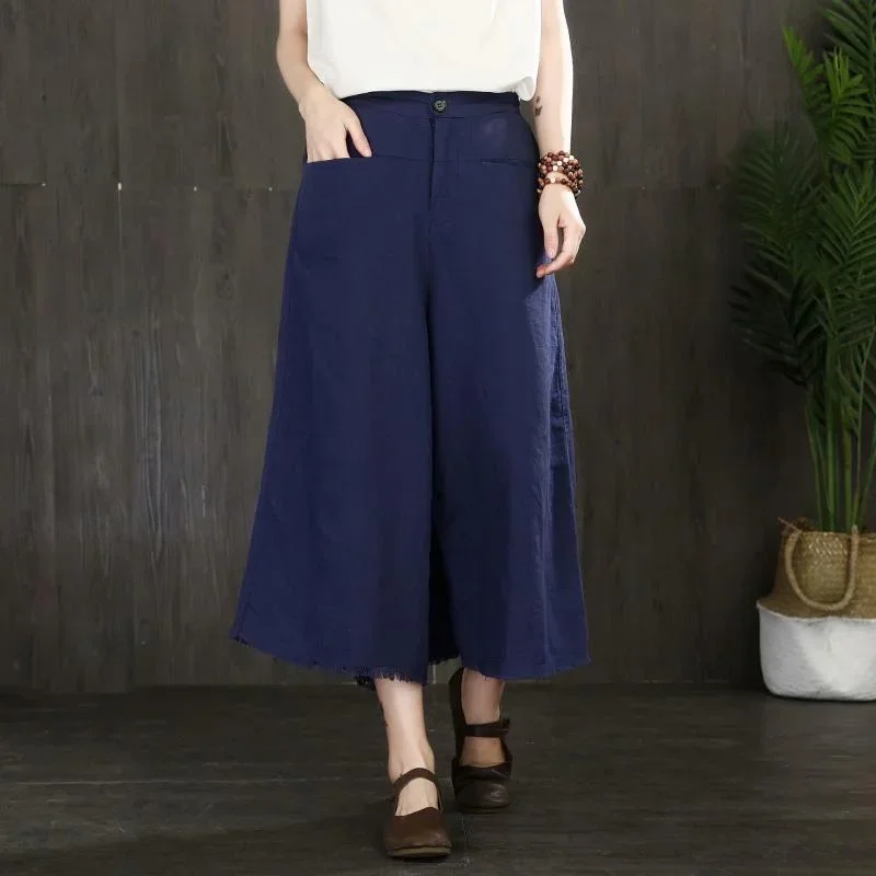 new summer slim linen blue crop pants loose women wide leg pants