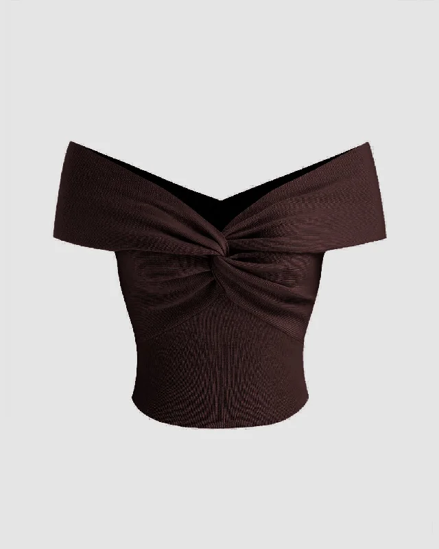 Off-shoulder Ruched Chocolate Brown Crop Top