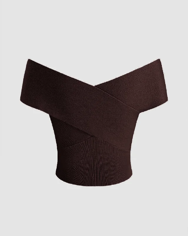 off-shoulder-ruched-chocolate-brown-crop-top