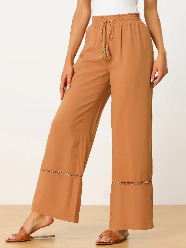 Casual Loose High Waist Drawstring Wide Leg Palazzo Paper Bag Pants