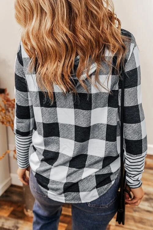 plaid-drawstring-long-sleeve-hoodie