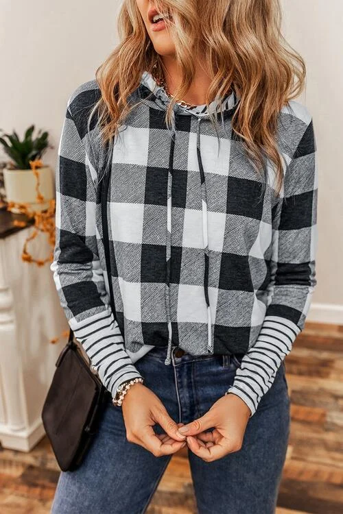 plaid-drawstring-long-sleeve-hoodie