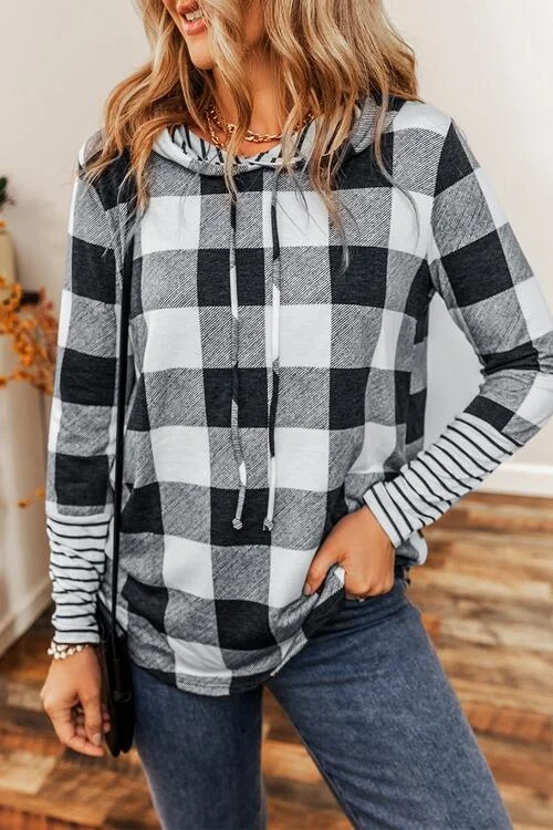 plaid-drawstring-long-sleeve-hoodie