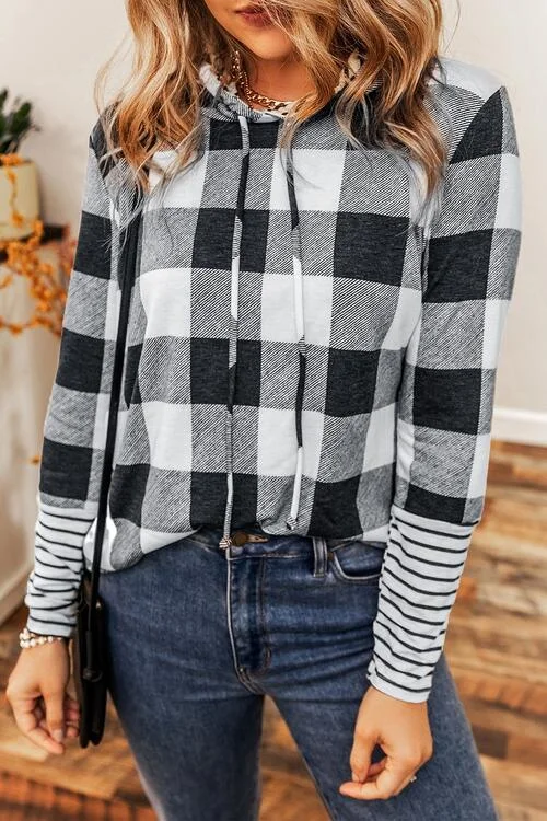 plaid-drawstring-long-sleeve-hoodie