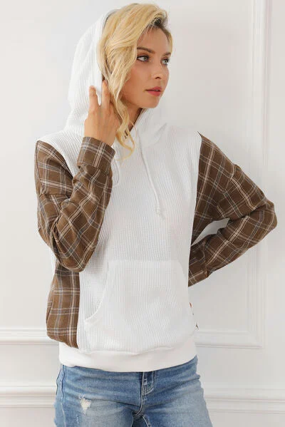 plaid-waffle-knit-drawstring-kangaroo-pocket-hoodie