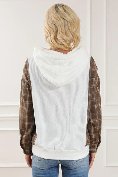 plaid-waffle-knit-drawstring-kangaroo-pocket-hoodie