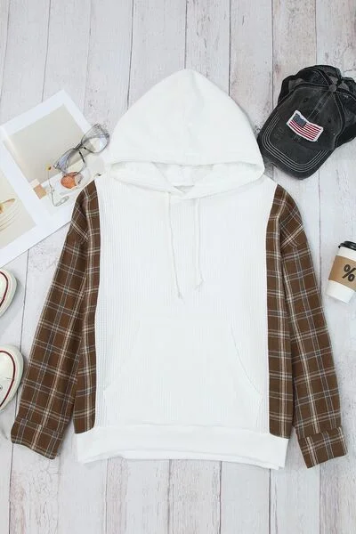 plaid-waffle-knit-drawstring-kangaroo-pocket-hoodie