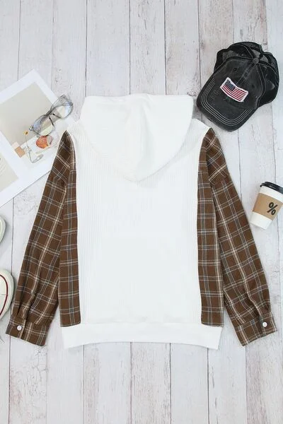 plaid-waffle-knit-drawstring-kangaroo-pocket-hoodie