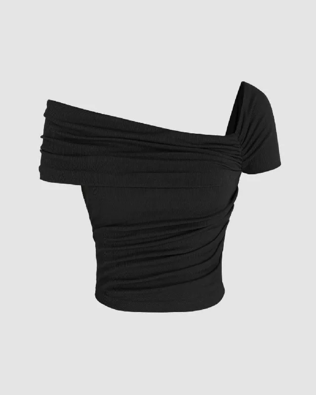 Ruched Off-Shoulder Short Sleeve Crop Top In Black