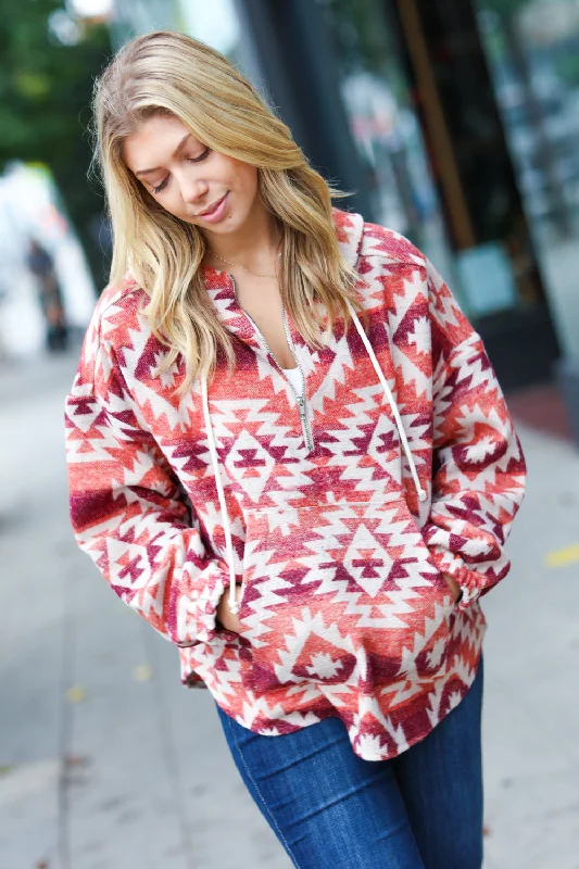 rust-burgundy-aztec-half-zip-high-neck-hoodie