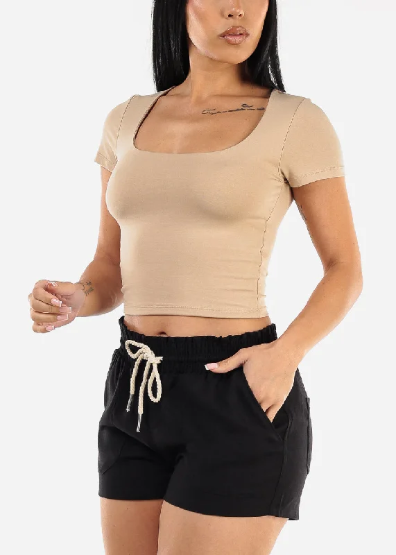 Short Sleeve Square Neck Crop Top Khaki