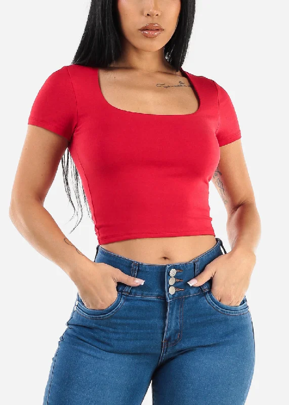 Short Sleeve Square Neck Crop Top Red