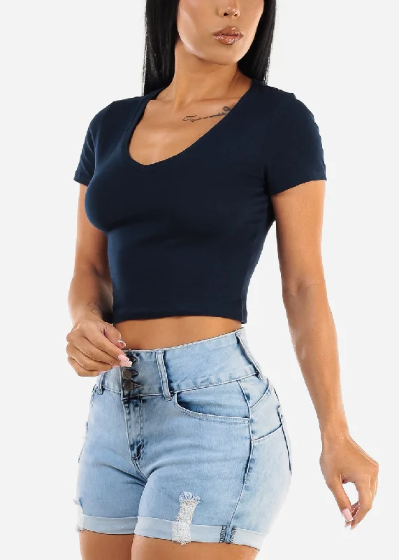 Short Sleeve Vneck Crop Top Navy