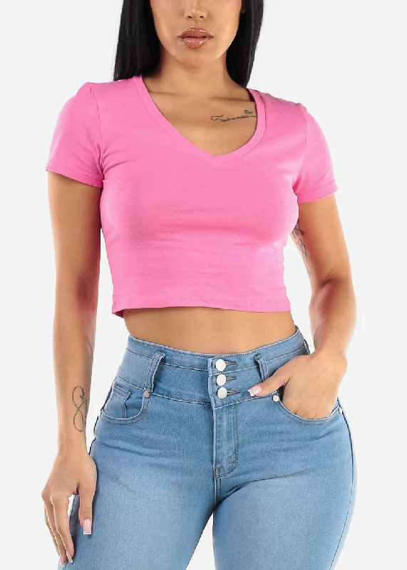 Short Sleeve Vneck Crop Top Pink