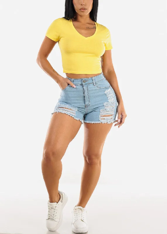 short-sleeve-vneck-crop-top-yellow-73556yllw