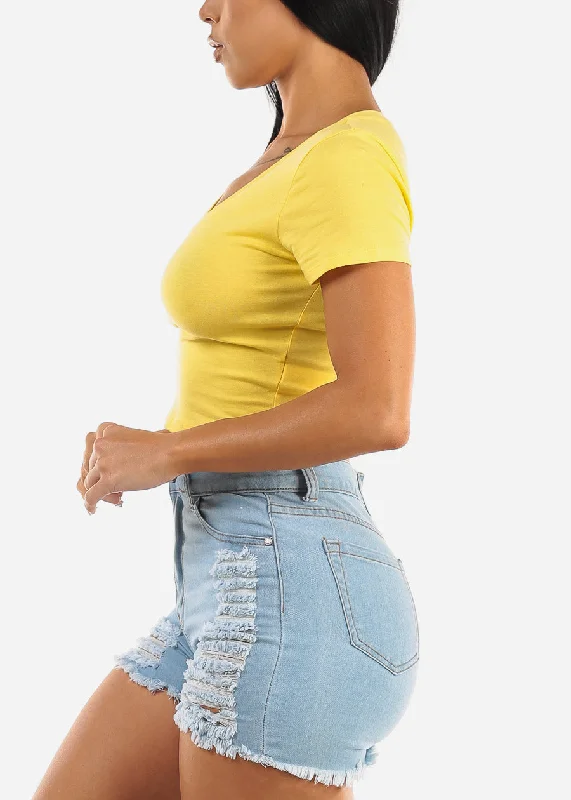 short-sleeve-vneck-crop-top-yellow-73556yllw