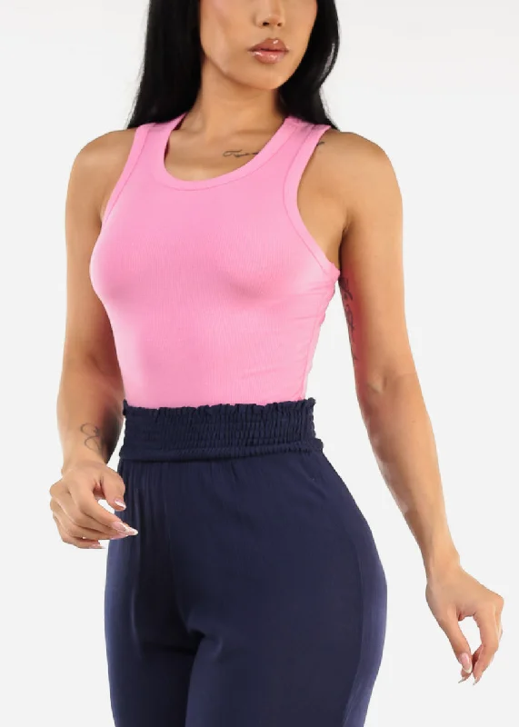 Sleeveless Crewneck Ribbed Crop Top Pink