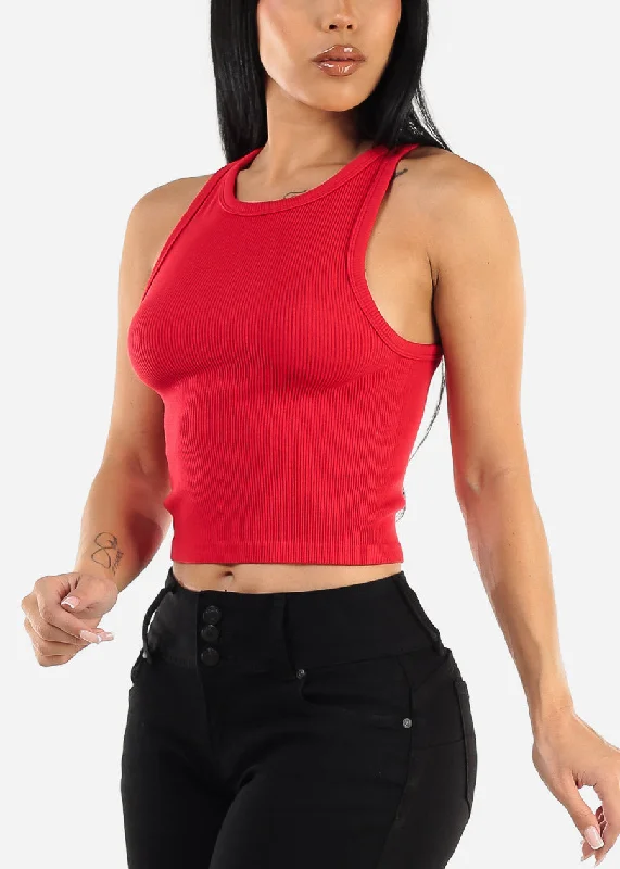 Sleeveless Seamless Ribbed Crop Top Red