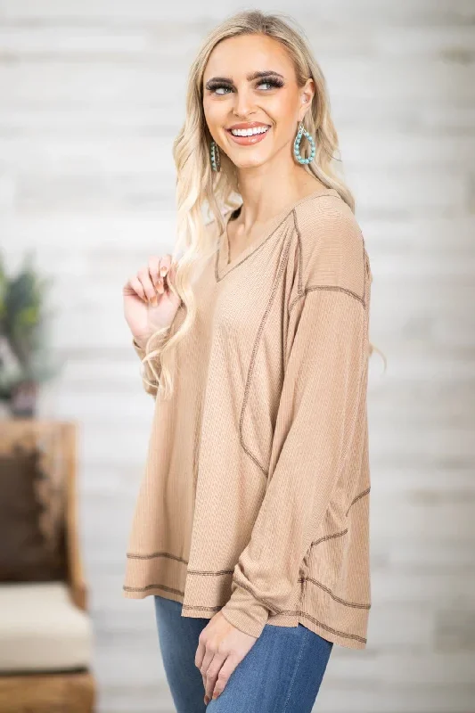 Taupe Contrast Seam V-Neck Top